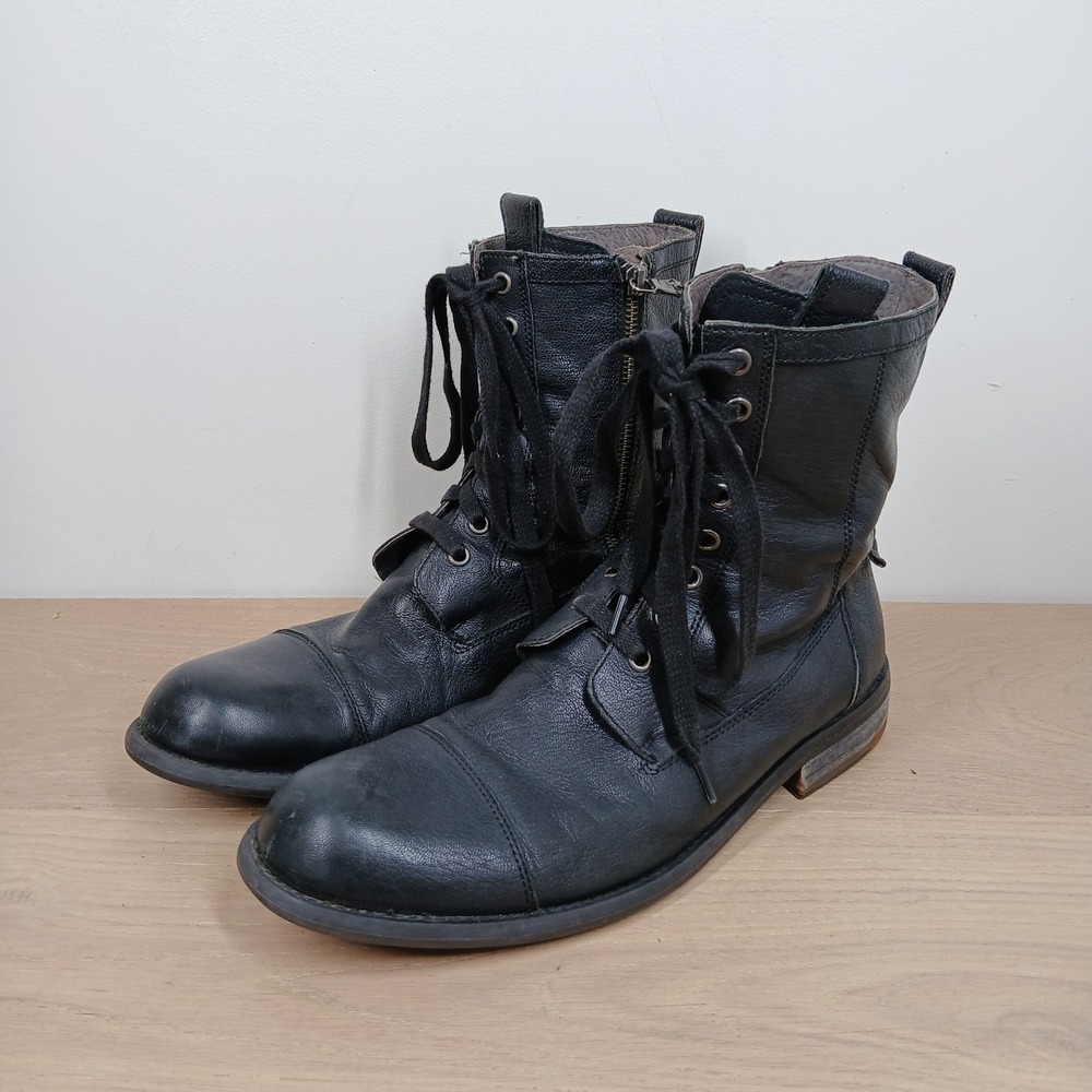 John Varvatos Boots Men 8.5 Black Leather Lace Up Cap Toe Combat Moto Biker